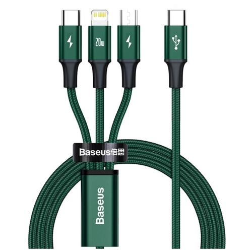 Кабель для быстрой зарядки Baseus Rapid Series 3-in-1, Type-C to Lightning + microUSB + Type-C, PD 20W, 1.5м, Зеленый, CAMLT-SC06 baseus rapid series type c type c lightning microusb pd 20w 1 5m red camlt sc09