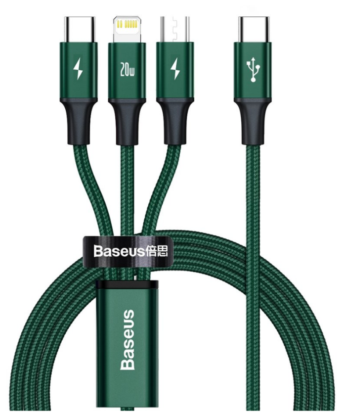 Кабель для быстрой зарядки Baseus Rapid Series 3-in-1 Type-C to Lightning + microUSB + Type-C PD 20W 1.5м Зеленый CAMLT-SC06