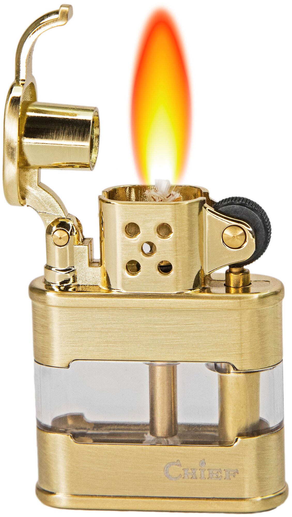 Бензиновая металлическая зажигалка с резервуаром для топлива (золото) / Кремний, фитиль в наборе - фотография № 3
