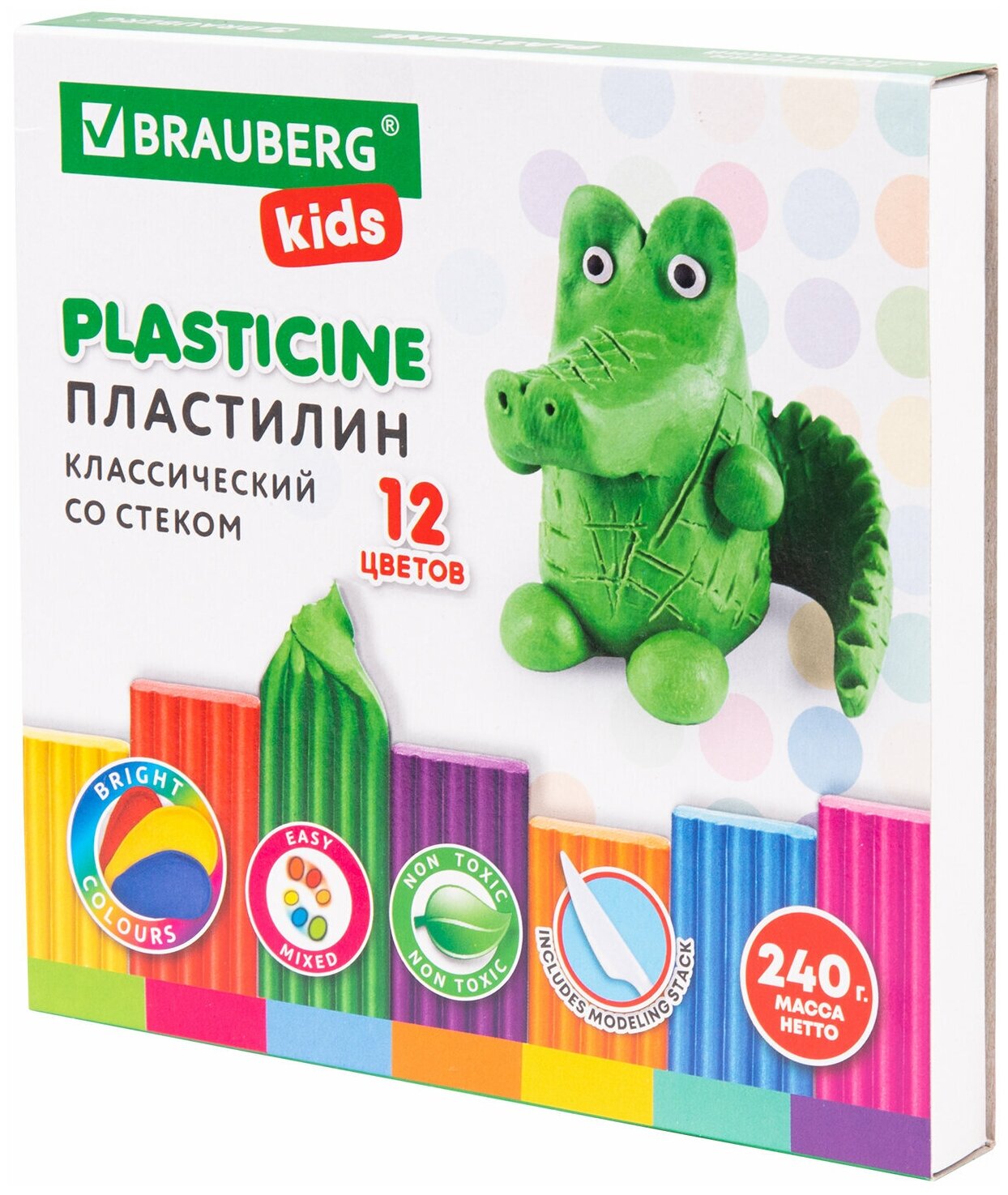 Пластилин классический Brauberg "Kids" 12 цветов, 240 г, стек, высшее качество