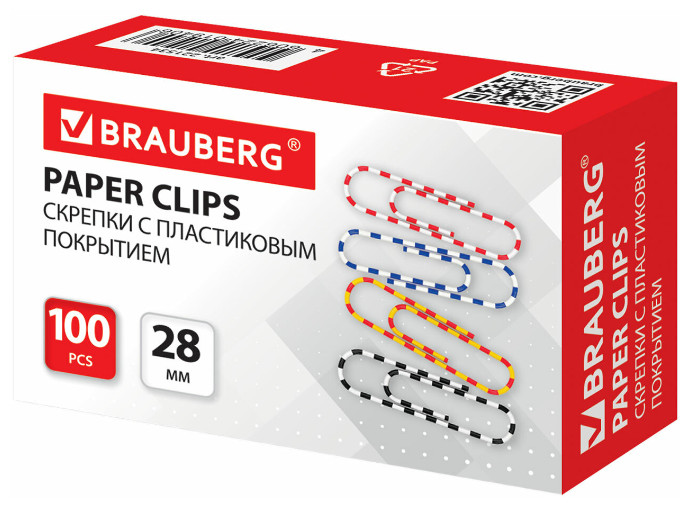 Скрепки BRAUBERG 28 мм с цветными полосками, 100 шт, в карт. коробке, 221534
