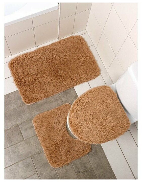 Набор противоскользящих ковриков для ванной и туалета, мягкие "Плюшевый" 3 шт, цвет бежевый - фотография № 1