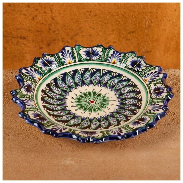 Шафран Тарелка Риштанская Керамика "Цветы", синяя, рельефная, 17 см, микс