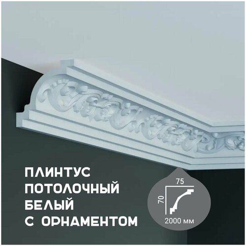 Карниз с орнаментом Home Decor C 173, плинтус потолочный белый грунтованный из полиуретана, профиль для потолка, 70*75*2000 мм