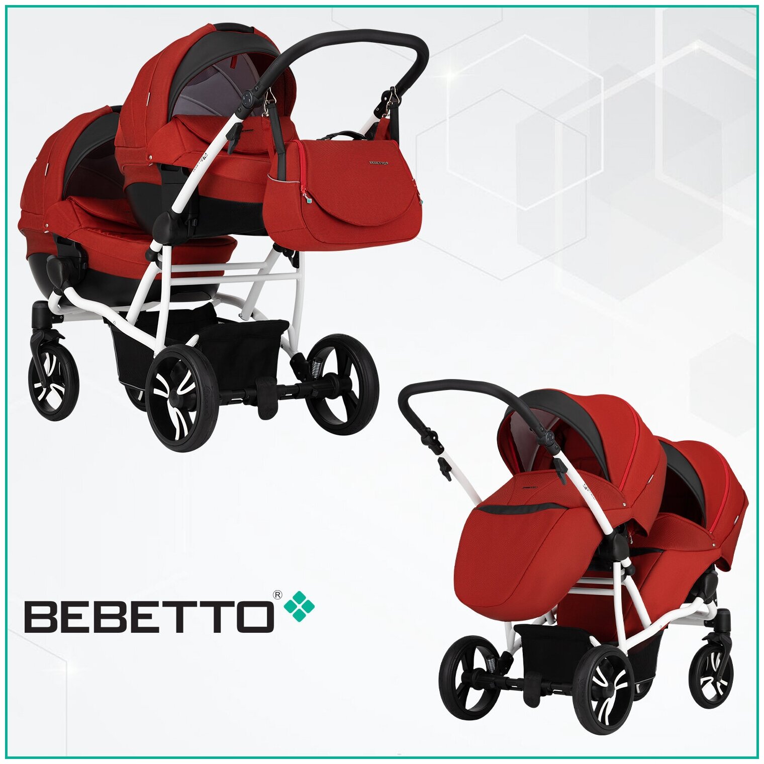 Коляска 2в1 Bebetto 42 Comfort для двойни шасси Белое 05