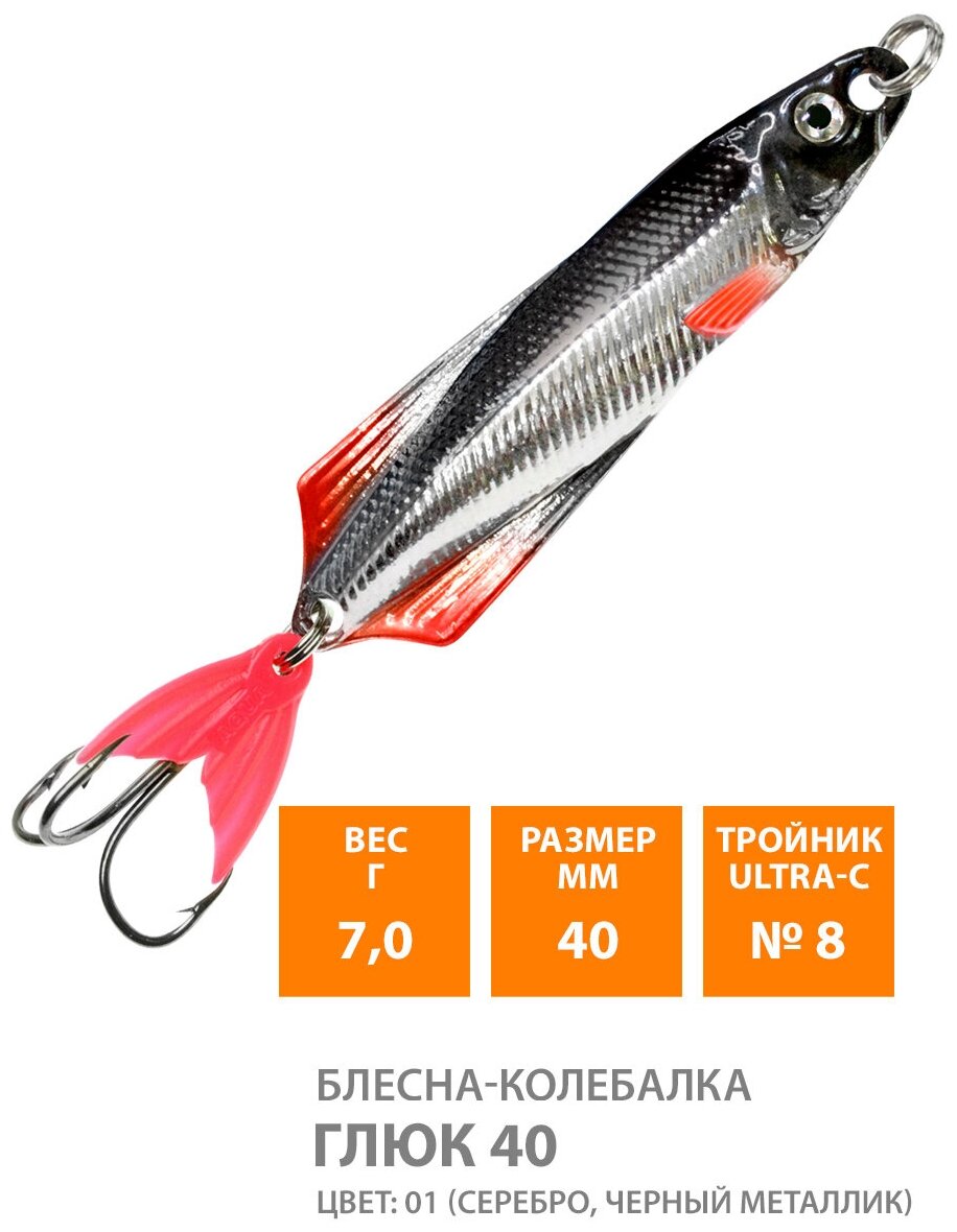 Блесна колебалка AQUA глюк 40mm 7g. Рыболовная приманка колеблющаяся для спиннинга троллинга на щуку судака окуня цвет 02