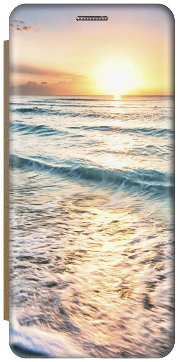 Чехол-книжка на Apple iPhone 14 Pro / Эпл Айфон 14 Про с рисунком "Закат на море" золотой