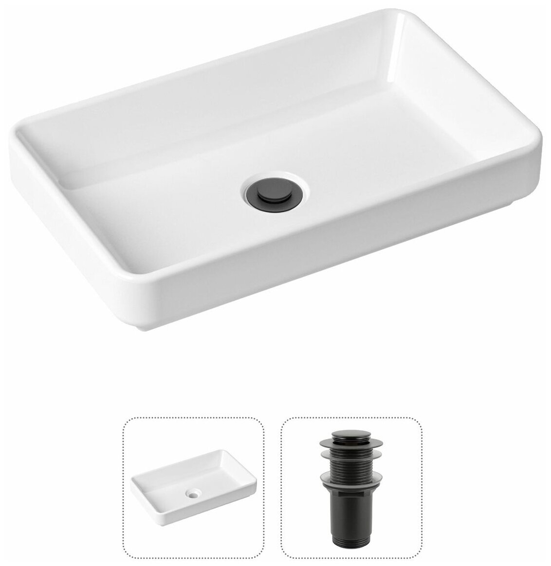 Накладная раковина в ванную Lavinia Boho Bathroom Sink Slim 21520810 в комплекте 2 в 1: умывальник белый, донный клапан в цвете матовый черный