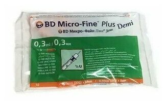 Инсулиновый шприц 0.3 мл с интегрированной иглой U100 BD Micro-Fine Plus DEMI 30G 0,3 x 8 мм, Becton Dickinson, 10 штук