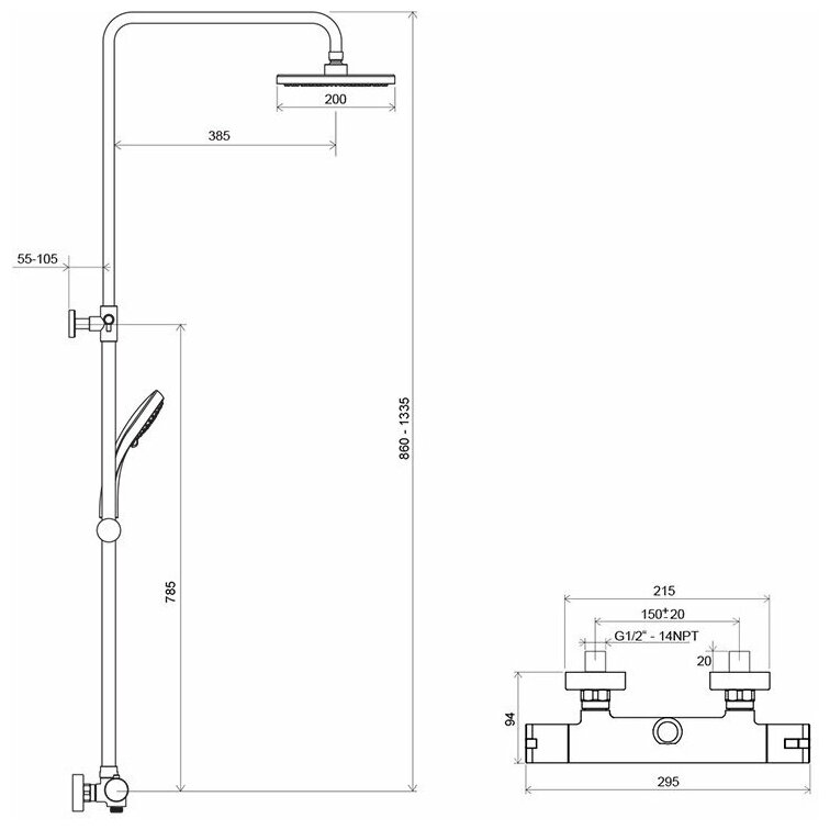 Termo 100 TE 091.00/150 X070058 Смеситель для душа (1/2", двухзахватный, термостат, картридж) Ravak - фото №6