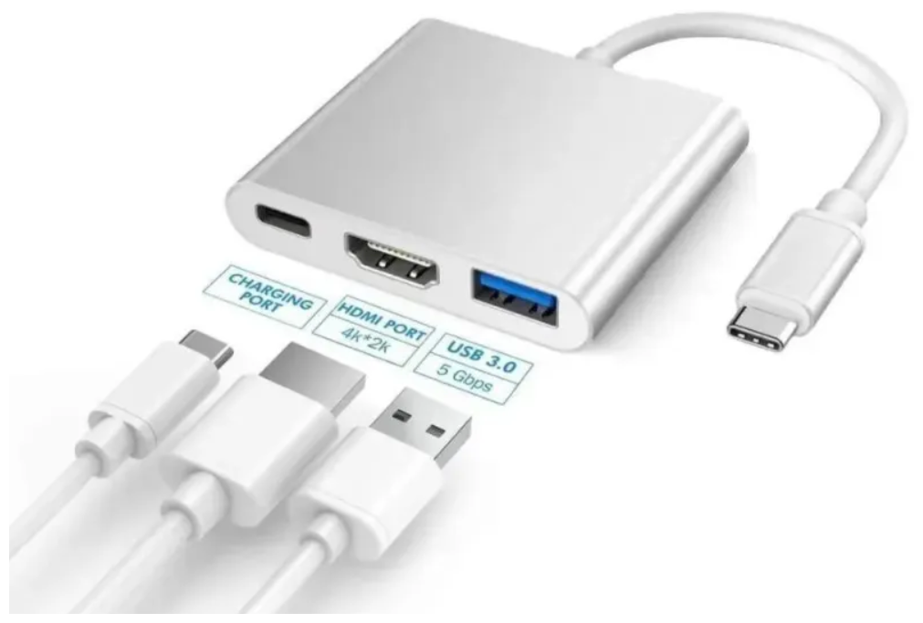 Переходник Type-C to USB3.0 to HDMI to Type-С / MacBook, Chromebook / серебристый