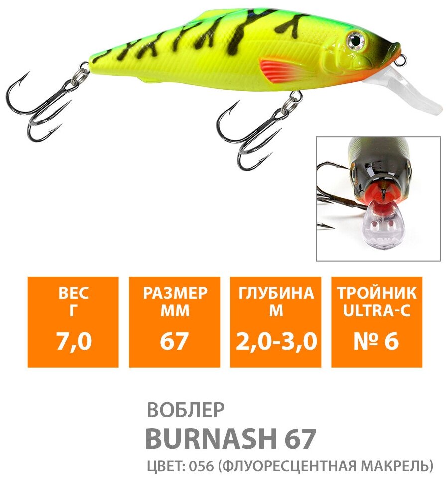 Воблер для рыбалки AQUA BURNASH 67mm, вес - 7,0g, цвет 056 (флуоресцентная макрель)