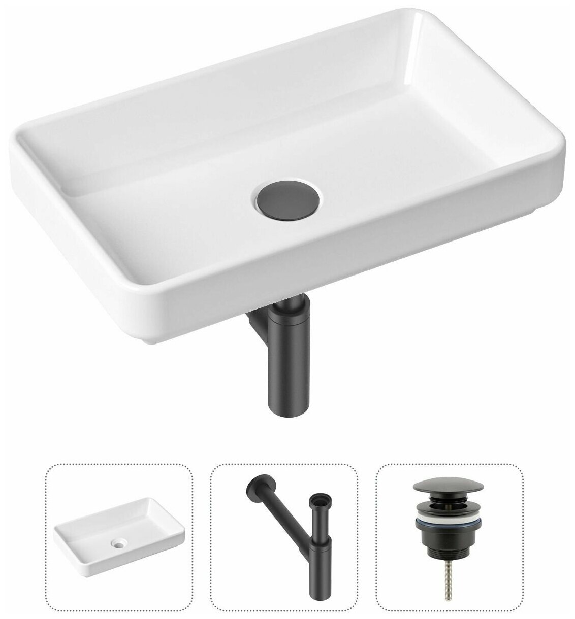 Накладная раковина в ванную Lavinia Boho Bathroom Sink Slim 21520146 в комплекте 3 в 1: умывальник белый, донный клапан и сифон в цвете матовый черный