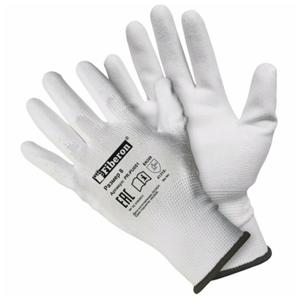 Перчатки "Для точных работ", полиэстер, полиуретановое покрытие, 9(L), белые, Fiberon, PSV036P - фотография № 2