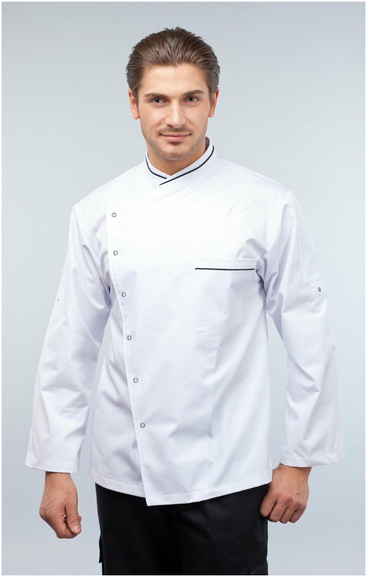 Куртка для повара мужская/Китель поварской мужской Uniforms (цвет белый с чёрным кантом, 54 размер)