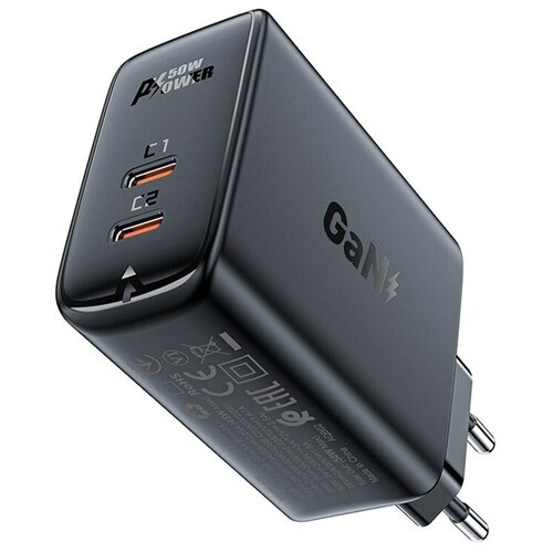 Сетевое зарядное устройство ACEFAST A29 PD50W GAN, USB-C + USB-C, Черный сетевое зарядное устройство acefast a49 pd35w gan 2xusb c fast charge wall charger чёрное eu