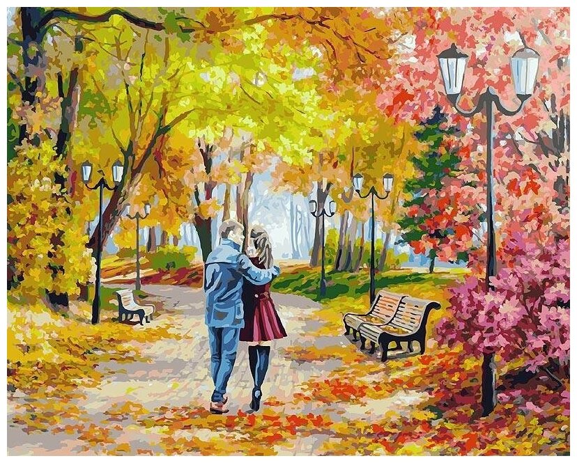 Картина по номерам Белоснежка (142-AB Осенний парк, скамейка, двое )