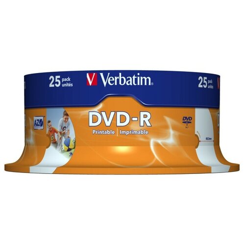 комплект 5 упаковок носители информации dvd r printable 16x mirex cake 10 ul130028a1l Носители информации DVD-R Printable, 16x, Verbatim Azo Wide, Cake/25, 43538