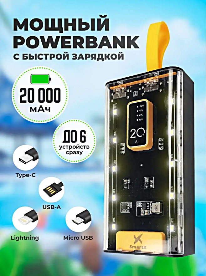 Портативный аккумулятор POWER BANK 20000 mAh, Портативная зарядка со встроенными кабелями, Черный