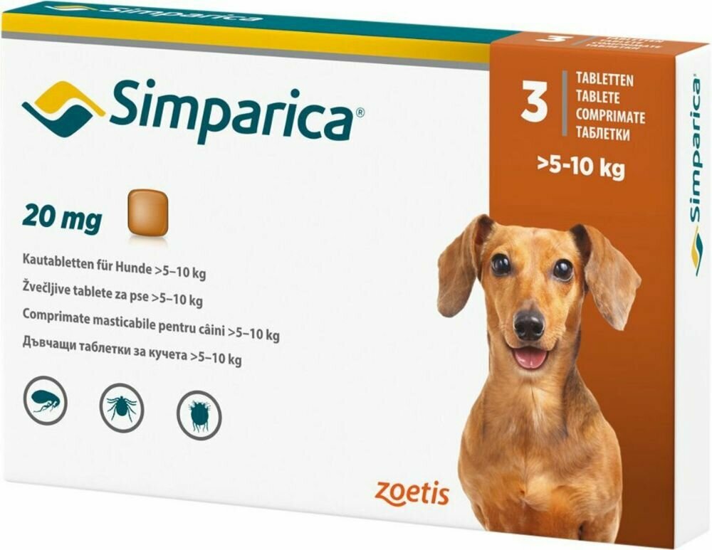 Zoetis таблетки от блох и клещей Симпарика 20 мг для собак 5,1-10 кг для щенков, собак 3 шт. в уп, 1 уп.