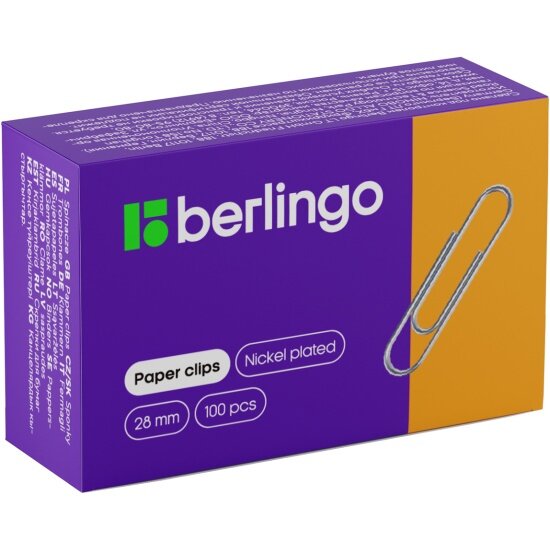 Скрепки Berlingo 28 мм никелированные, 100 шт/уп, карт. упак.