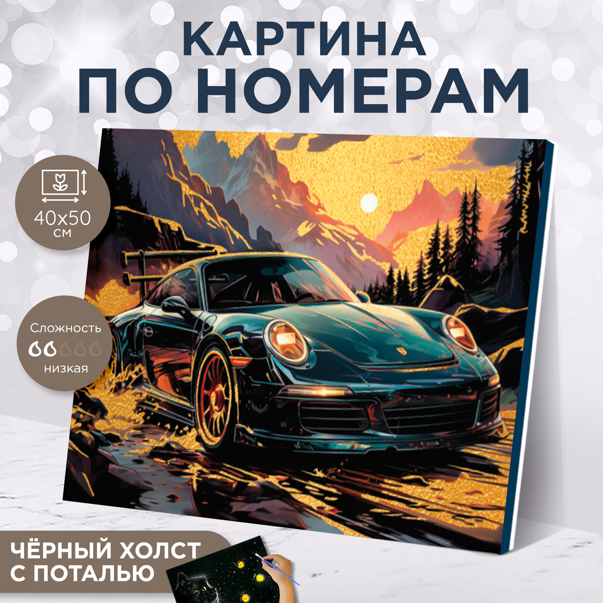 Картина по номерам на черном холсте с золотой поталью "Жажда скорости" 40x50 см