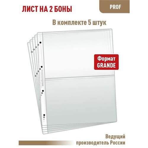 фото Комплект из 5 листов "проф" для хранения бон (банкнот) на 2 ячейки. формат "grand". размер 250х310 мм. альбомов albommonet