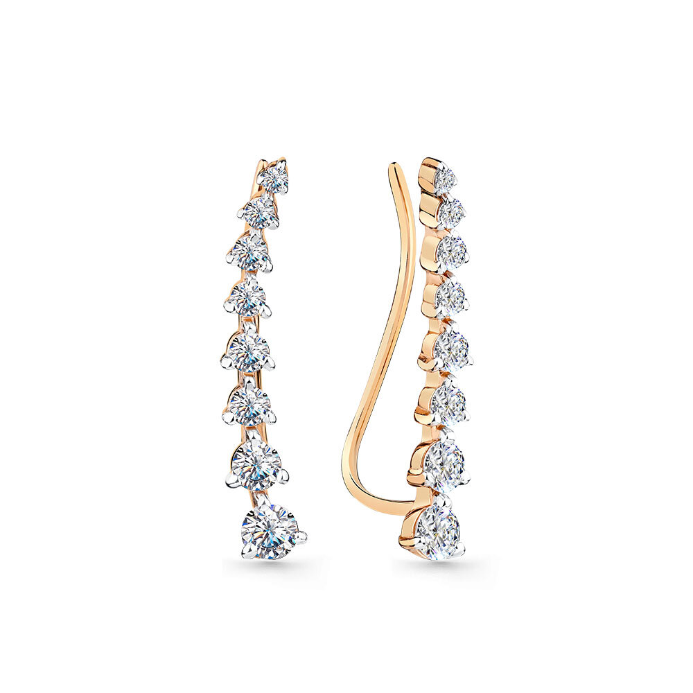 Серьги клаймберы, красное золото, 585 проба, фианит