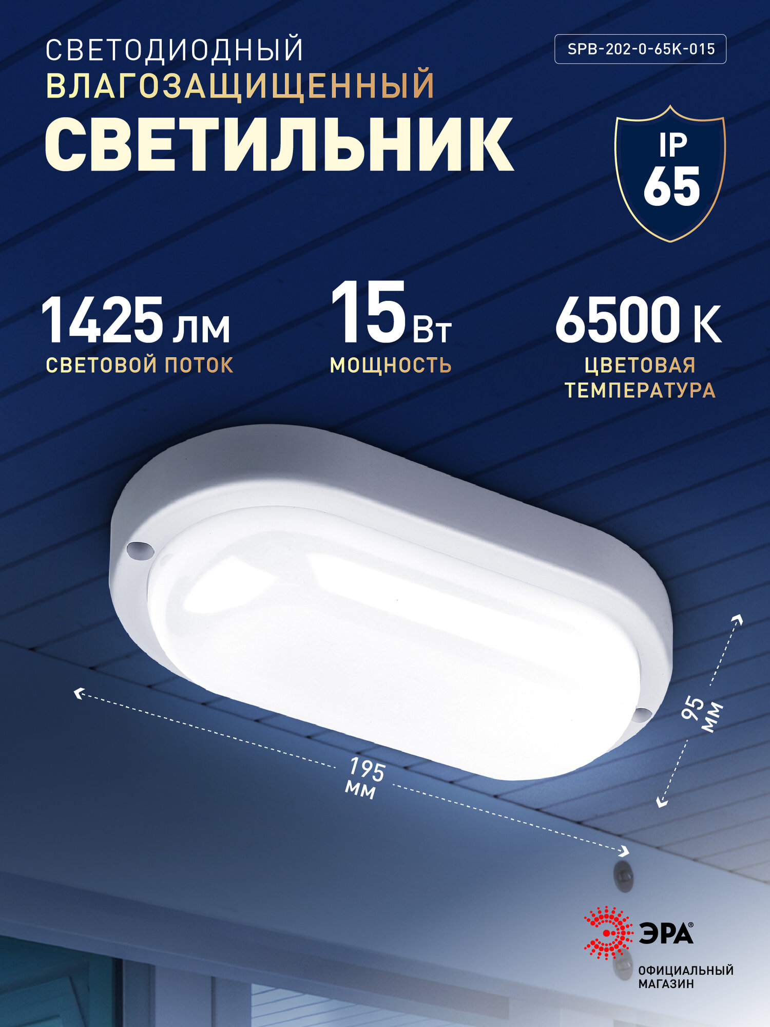 Настенно-потолочный светильник светодиодный уличный ЭРА влагозащищенный IP65 ЖКХ 6500K 1425 Лм 15 Вт 200х98 мм