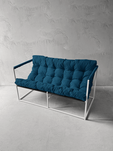 Изображение товара Диван лофт прямой, уличный, в офис, на балкон, на веранду, в гостинную, кухонный, Лофтовик ++ велюр синий, белый каркас, подлокотник мягкий велюр