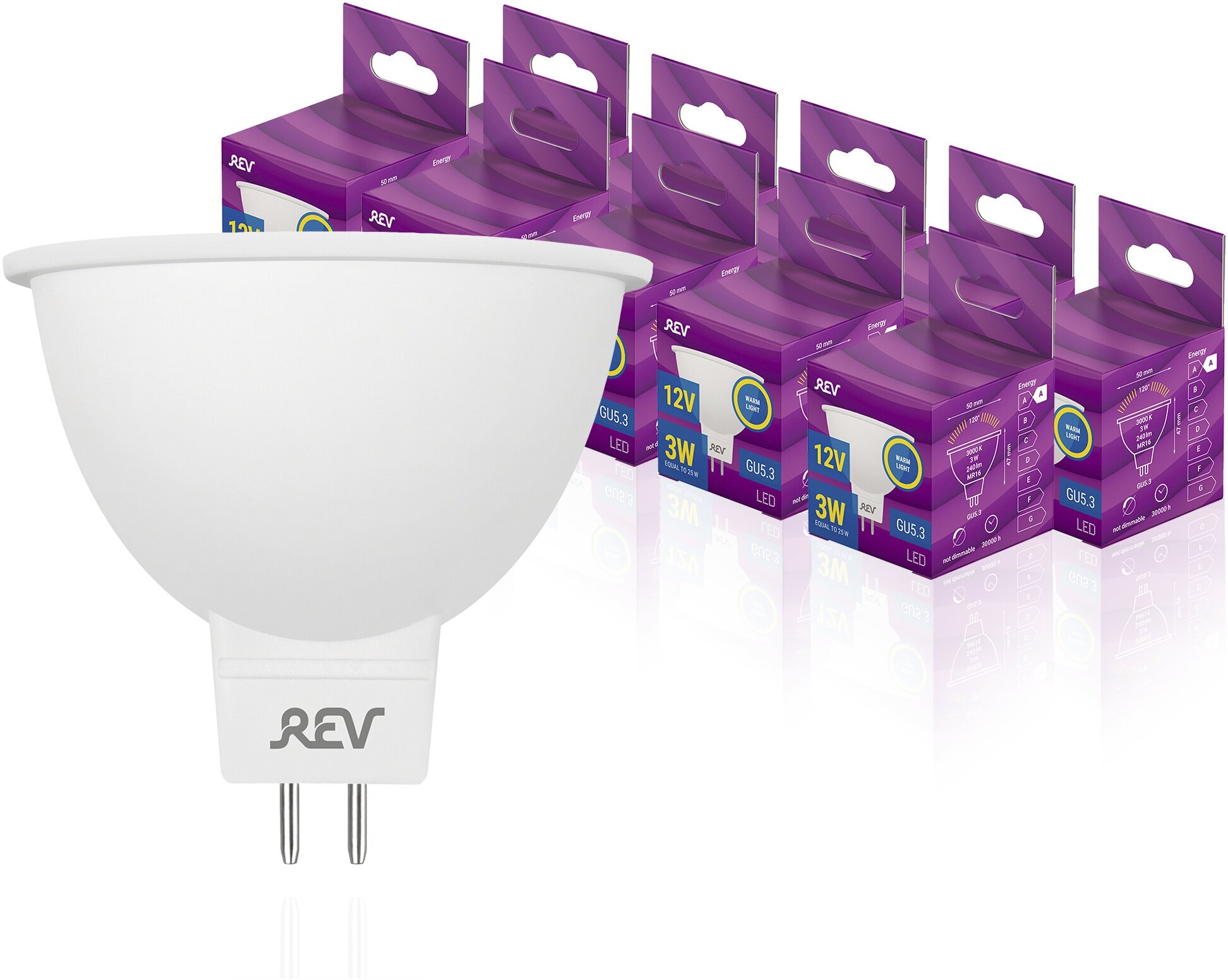 Упаковка светодиодных ламп 10 шт REV 32369 3, 3000K, GU5.3. MR16, 3 Вт