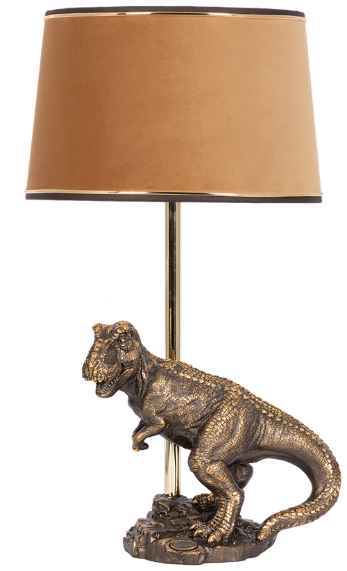 Настольная лампа Bogacho Динозавр Тирекс бронзовая с абажуром бежевого цвета из велюра ручная работа