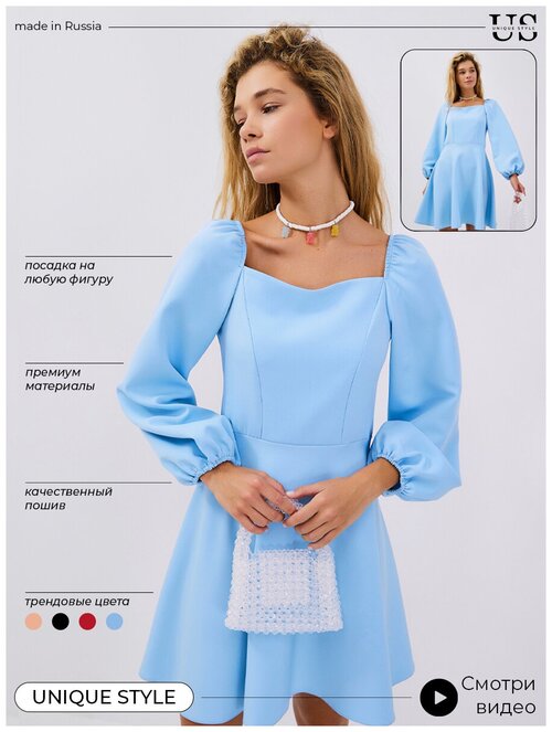 Платье с запахом Unique Style, креп, прилегающее, мини, размер 44, голубой