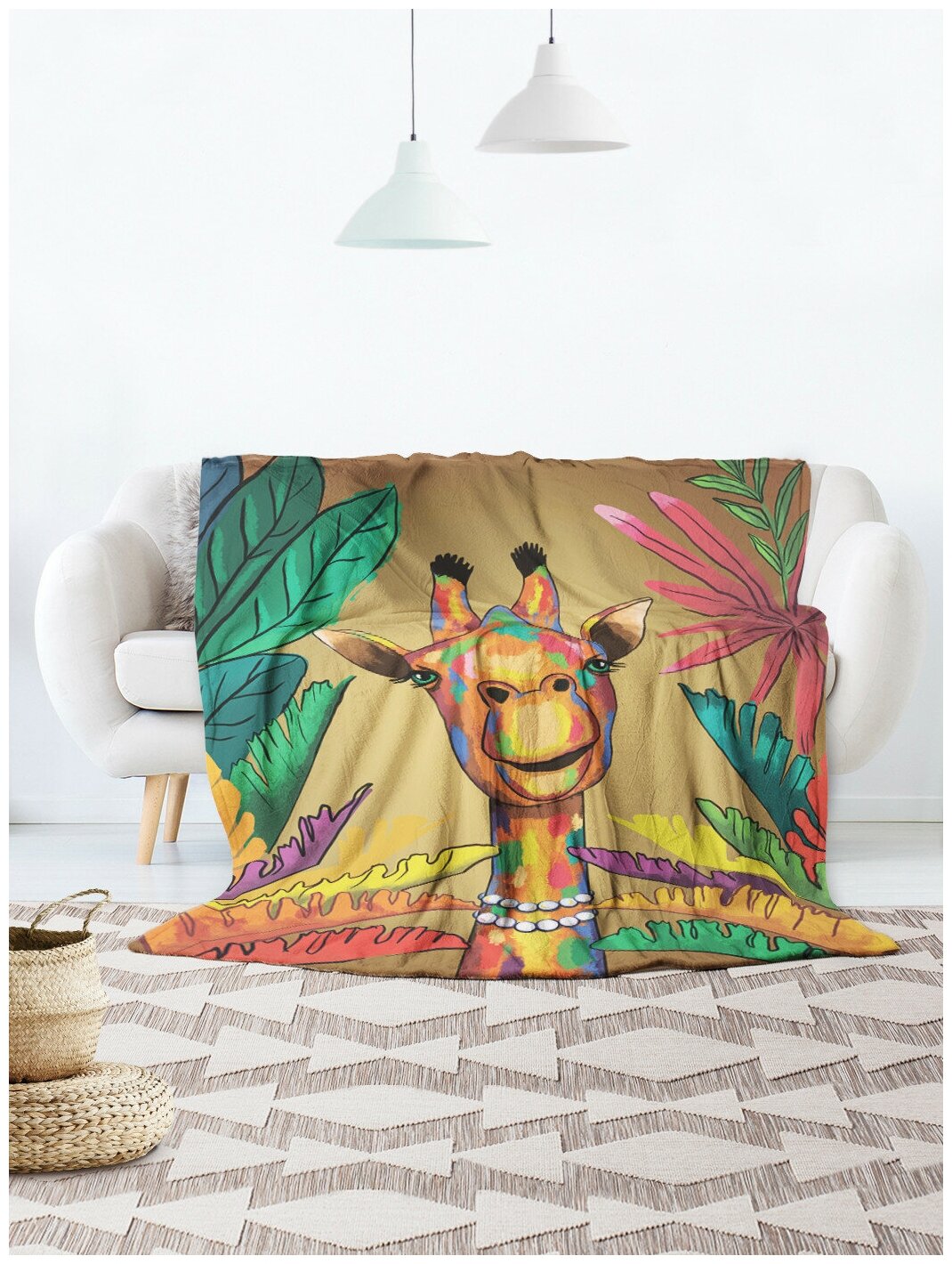 Мягкий плюшевый плед покрывало с принтом JoyArty "Разноцветный жираф" микрофибра (велсофт) на кровать, размер 150 на 200 см