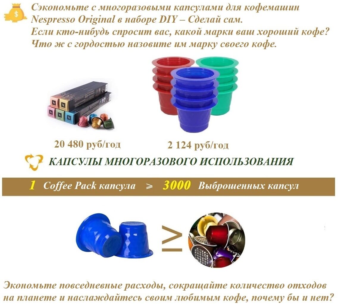 Многоразовые Капсулы Nespresso Original - 6 шт, самоклеющиеся крышки - 50 шт, кофе молотый 50 гр. - фотография № 3