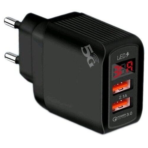 Сетевое зарядное устройство NTM 3.1А c Экраном FM2-212 Чёрный/Сетевое зарядное устройство для телефона / смартфона 2 USB / 5v 3.1A / с дисплеем