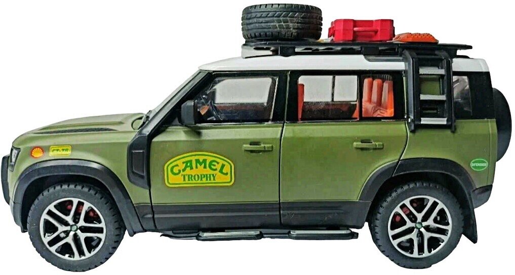 Коллекционная модель Land Rover DEFENDER 110 Camel Trophy NEW 1:24 (металл свет звук аксессуары )