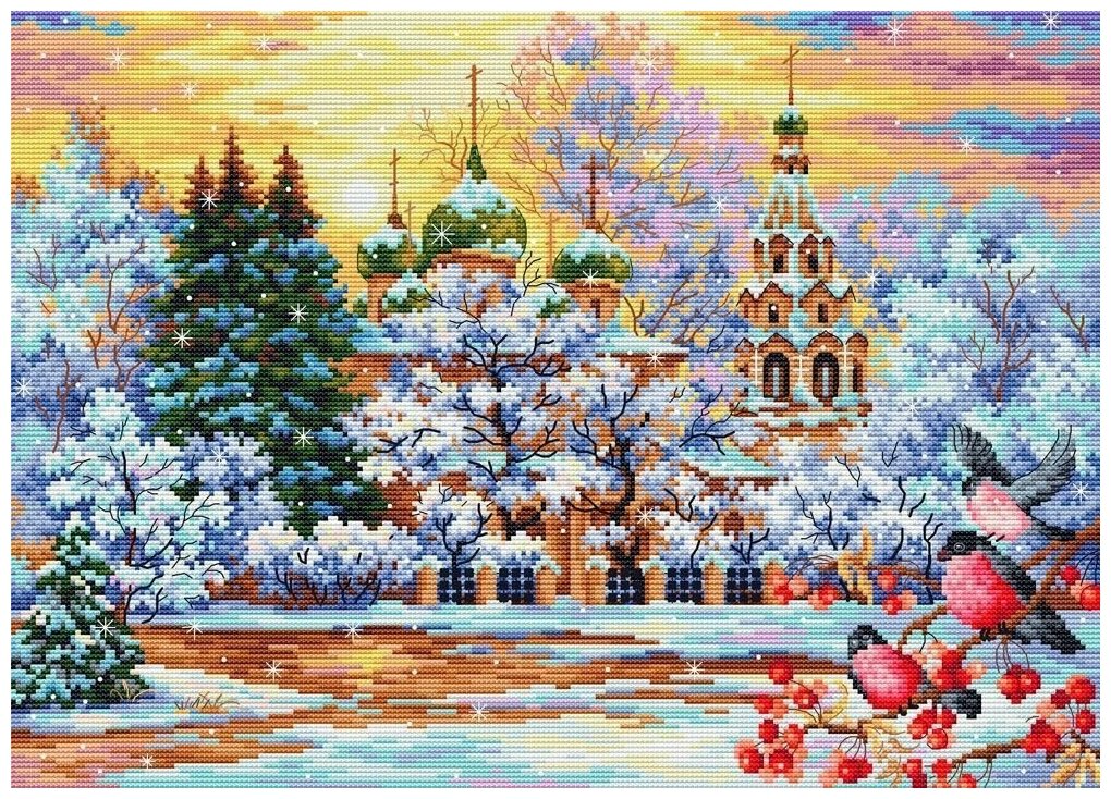 Набор для вышивания многоцветница "Зимняя благодать" 29x40 см, Храмы Зима Лес Снегири Религия Птицы