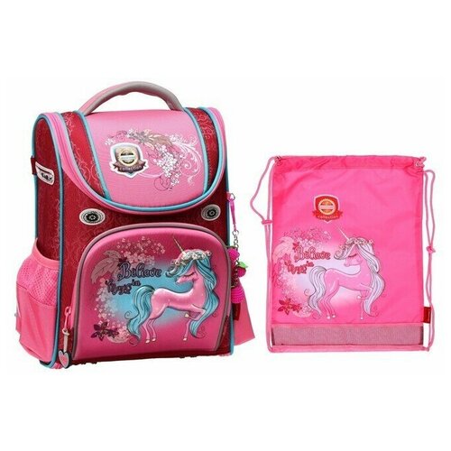 Ранцы и рюкзаки/Школьный текстиль/Ранец стандарт, 36 х 29 х 17 см, наполнение: мешок, брелок, розовый