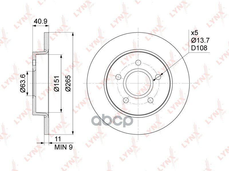 Диск Тормозной Задний (265X11) Ford Focus Ii 1.4-2.0D 04-12 / C-Max 1.6-2.0D 03-10 LYNXauto арт. BN-1018
