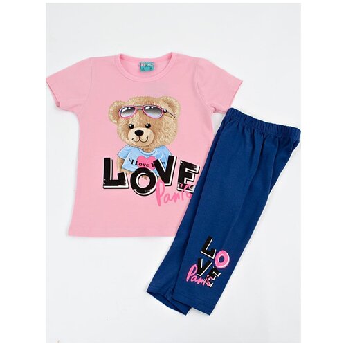 Спортивный костюм для девочки CIT CIT из хлопка футболка с коротким рукавом и бриджи, розовый с синем, размер 110