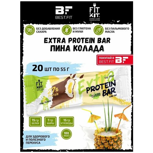 фото Fit kit / extra protein bar / пина колада / 20шт по 55г / протеиновый батончик с начинкой / без сахара, с аллюлозой fitkit