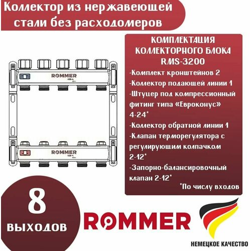 Коллектор ROMMER из нержавеющей стали без расходомеров 8 выходов коллектор из нержавеющей стали без расходомеров stout 8 выходов