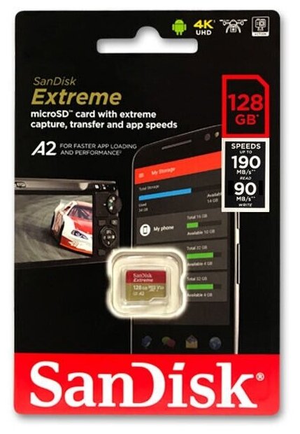 Карта памяти SANDISK microSDXC 128Gb Extreme UHS-I U3 V30 A2 + ADP (190/90 MB/s)