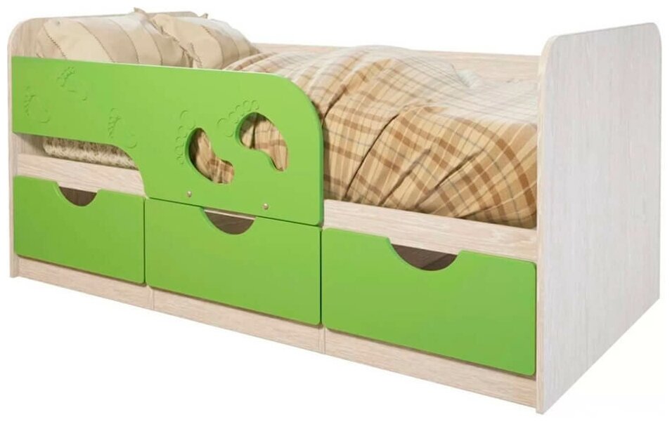 Детская кровать/ кроватка минима "Лего" 80х1,6 с выдвижными ящиками дуб атланта/лайм