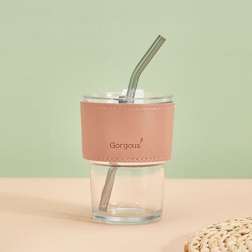 Стакан стеклянный со стеклянной трубочкой и крышкой для кофе, для напитков, для воды, 350 мл розовый