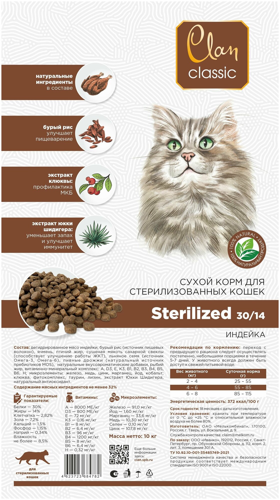 Сухой корм CLAN CLASSIC Sterilized-30/14 индейка для кошек стерилизованных 10кг