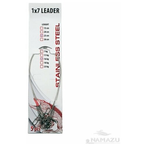поводок стальной namazu leader 1х7 nylon coated black d 0 42 мм l 30 см test 18 кг уп 5 шт Поводок стальной Namazu Leader 1х7, d-0,45 мм L-20 см, test- 23 кг уп. 5 шт.