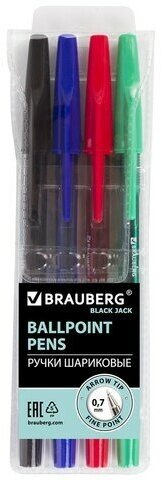 Ручки шариковые BRAUBERG, набор 4 шт, ассорти, "Black Jack", узел 0,7 мм, линия письма 0,35 мм, 141290