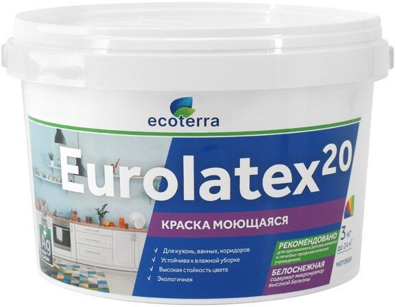 Краска акриловая ecoterra eurolatex 20 для стен и потолков моющаяся 3кг белая, арт. эк000135296